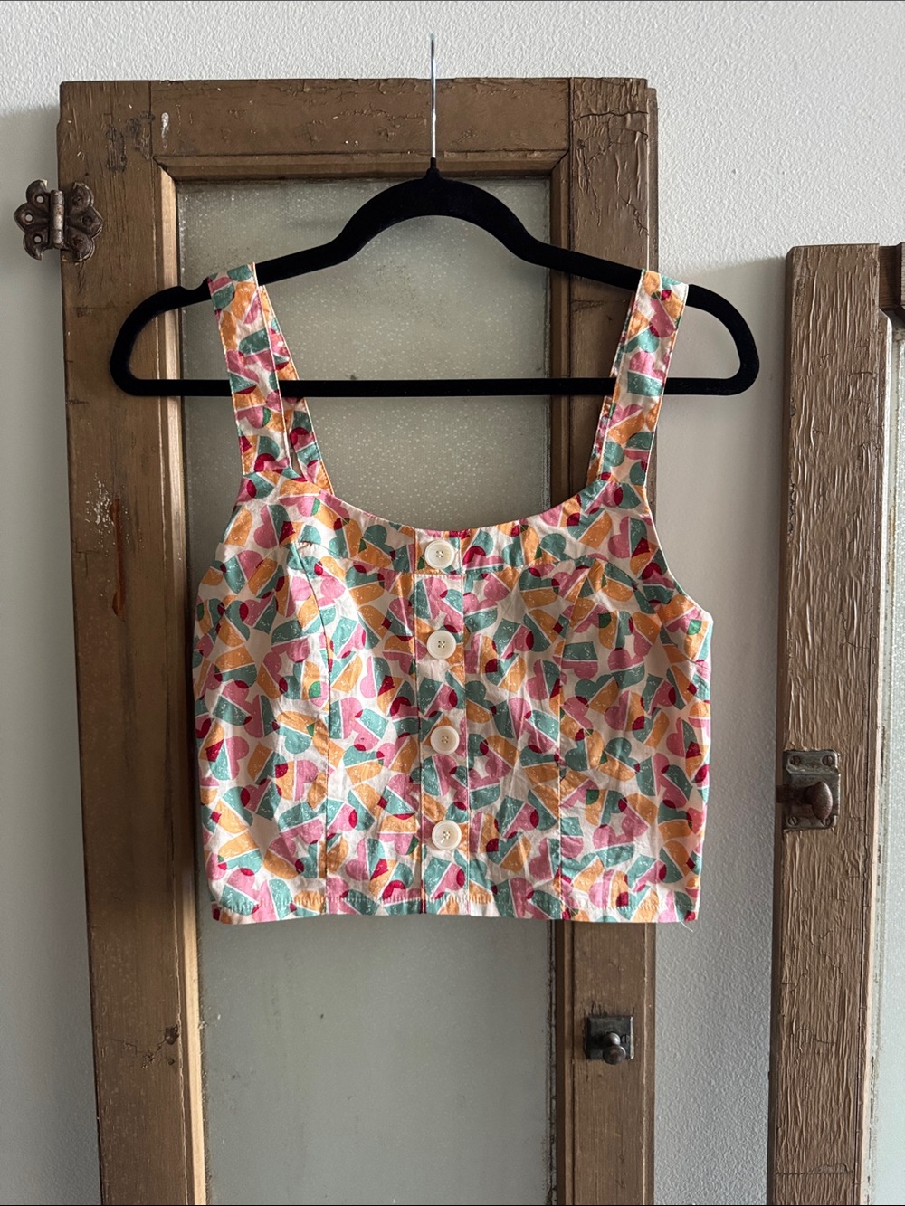 Button-Front Multicolor Printed Crop Top - Pink, Orange & Teal